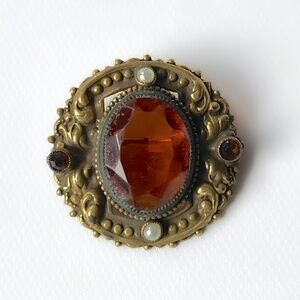 Vintage Etruscan Brooch Brass Natural Pearl Amber Glass Cabochon